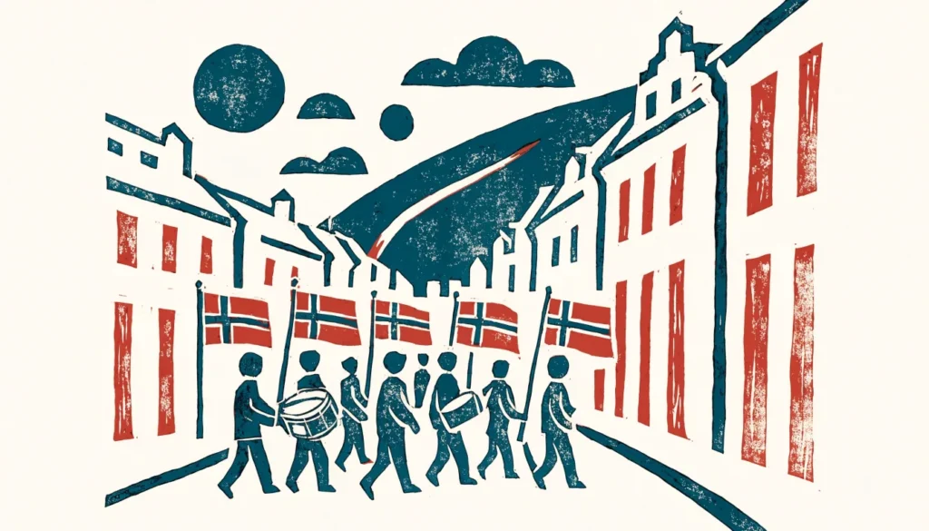 Illustrasjon av barnetog med korps og norske flagg i en bygate