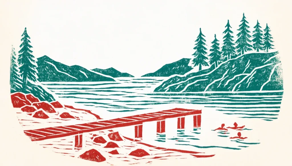 Illustrasjon av en liten strand og badebrygge ved fjorden om sommeren