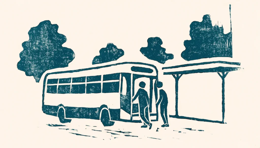 Illustrasjon av en bybuss ved et busskur der passasjerer går om bord