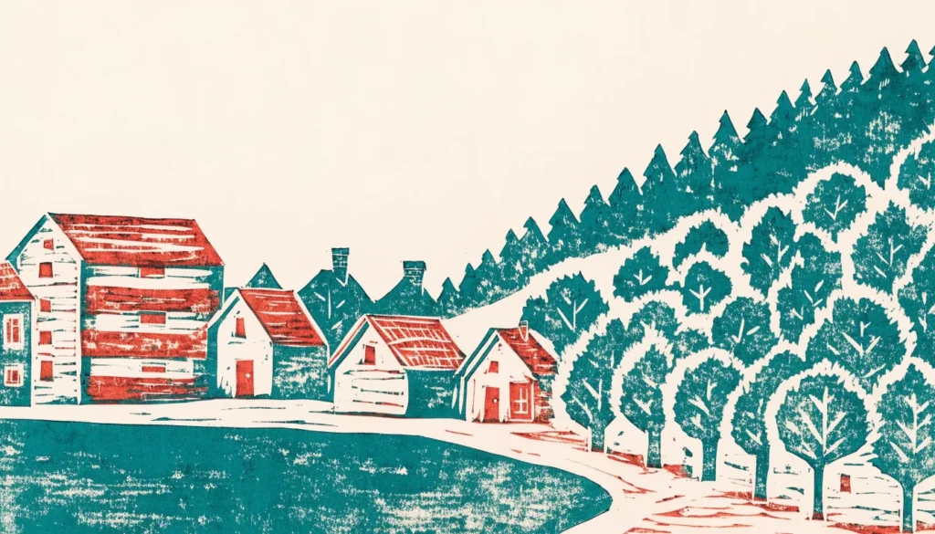 Illustrasjon av et boligområde med trehus i lia over elva og skog på åsen