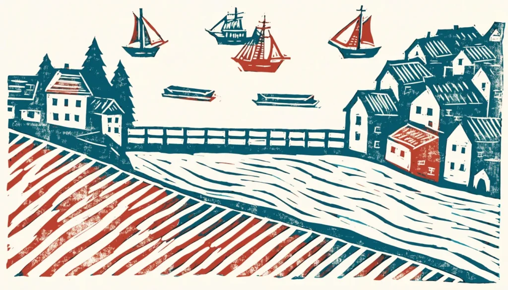 Illustrasjon av en elveby på 1800-tallet med to bydeler, trebru, seilskuter og tømmerflåter