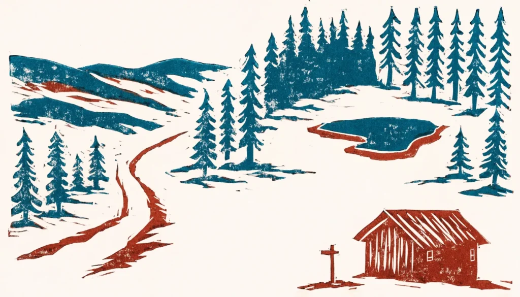 Illustrasjon av en sti gjennom skogen med et lite skogsvann og en hytte