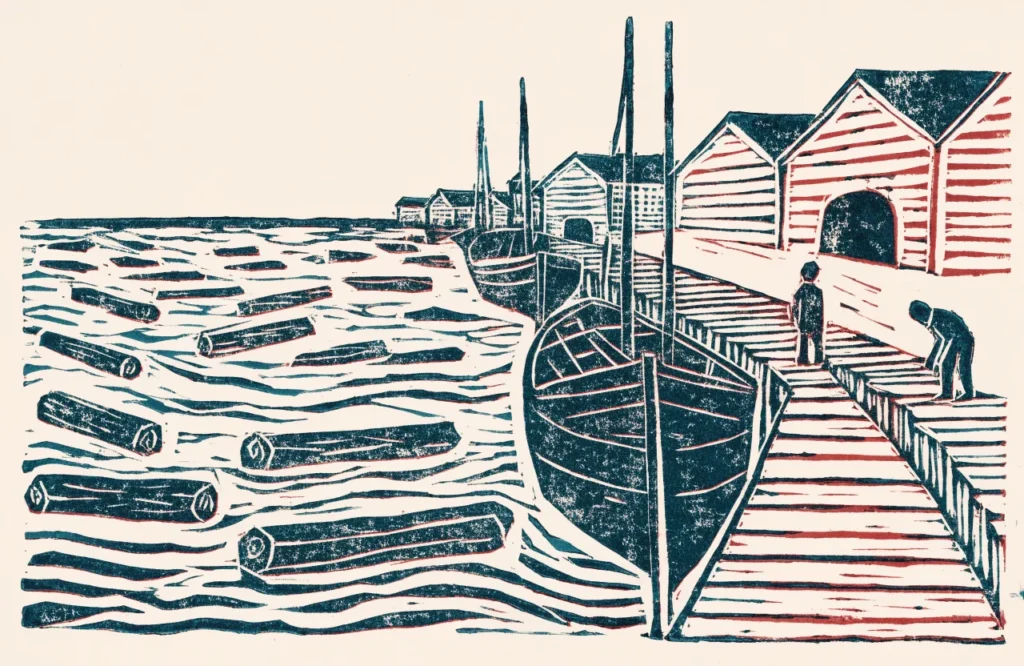 Illustrasjon av en elvehavn på 1800-tallet med tømmer i vannet og seilskuter ved bryggene