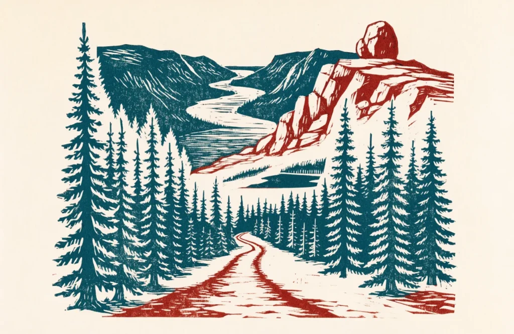 Illustrasjon av en sti gjennom granskog opp mot et utsiktsberg over elvedal og fjord