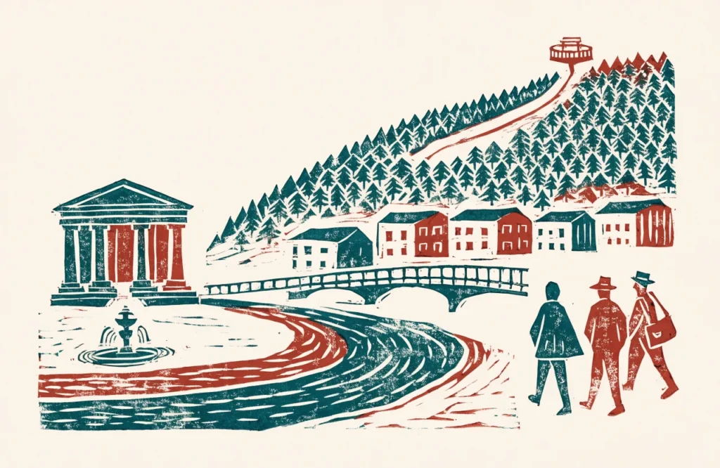 Illustrasjon av et torg ved elva med teaterbygning, fontene, gangbru og en skogkledd ås med utsiktspunkt