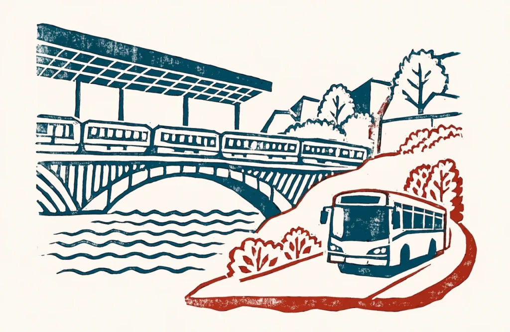 Illustrasjon av et tog på en bru over elva og en buss på veien under