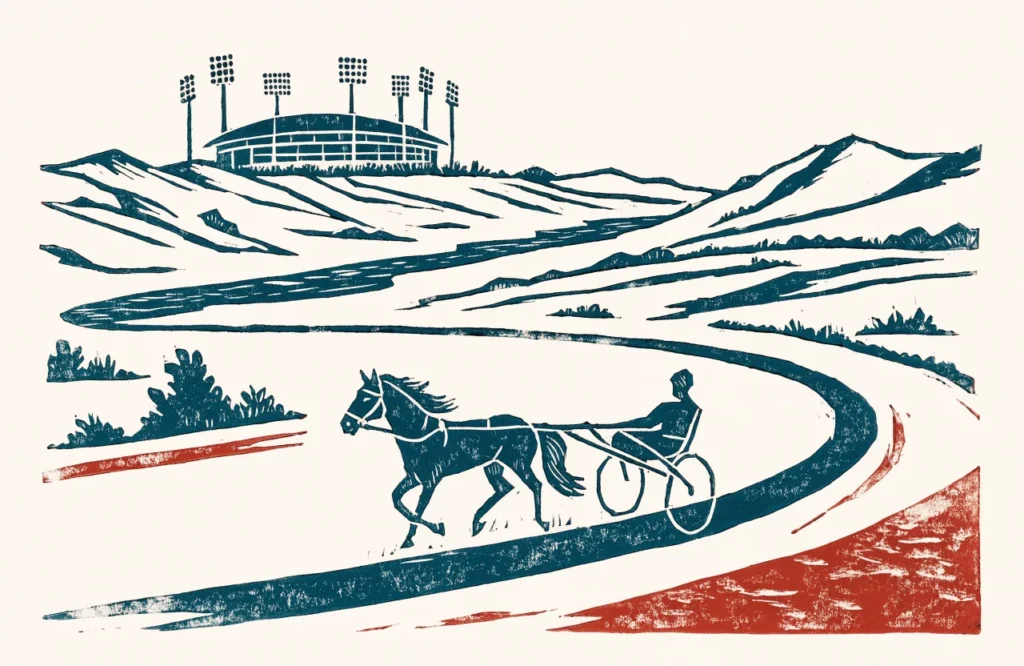 Illustrasjon av et fotballstadion i elvedalen og en travhest med sulky på banen