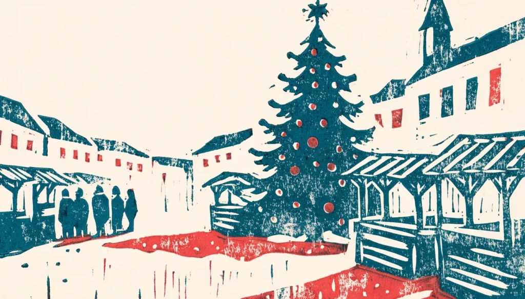 Illustrasjon av julemarked på et torg med boder og et opplyst juletre