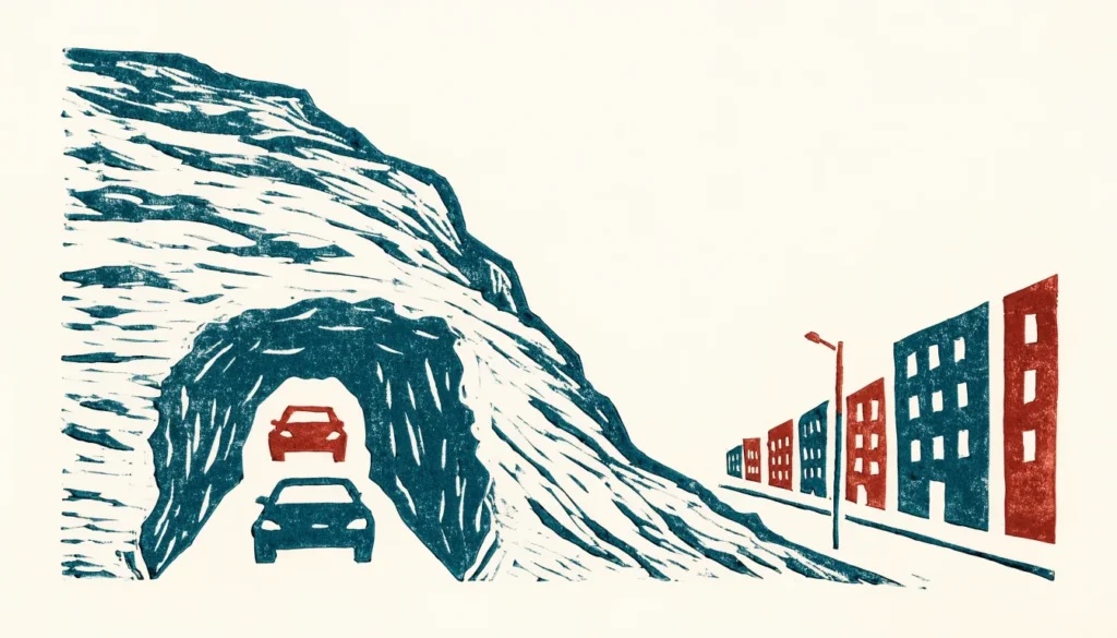 Illustrasjon av innkjøringen til et parkeringsanlegg i fjellet