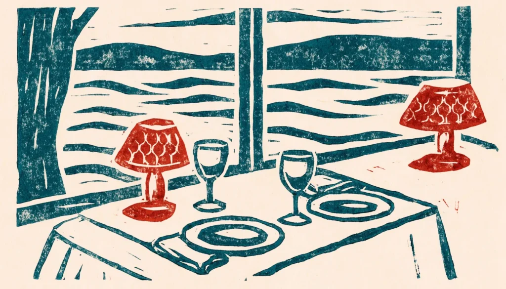 Illustrasjon av et dekket restaurantbord ved et vindu mot elva i skumringen