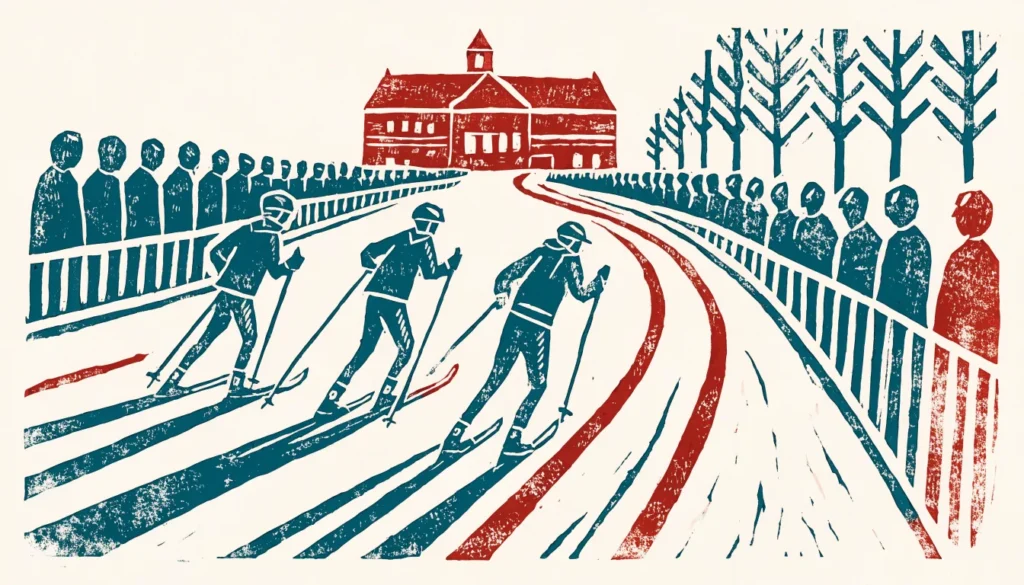 Illustrasjon av langrennsløpere på en løype gjennom sentrum foran en teglsteinskirke