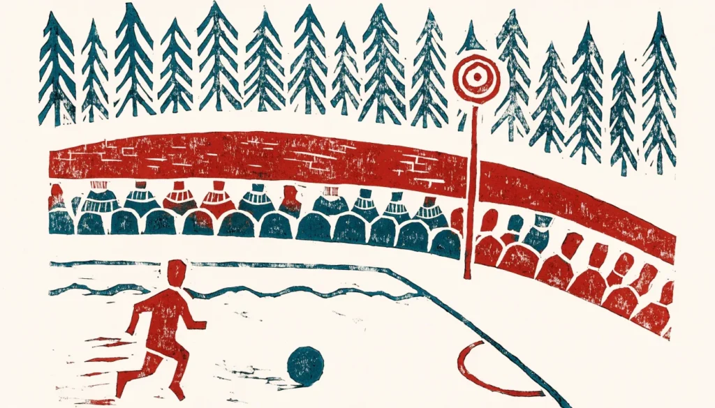 Illustrasjon av en fotballkamp på et lite stadion med tribune og flomlys