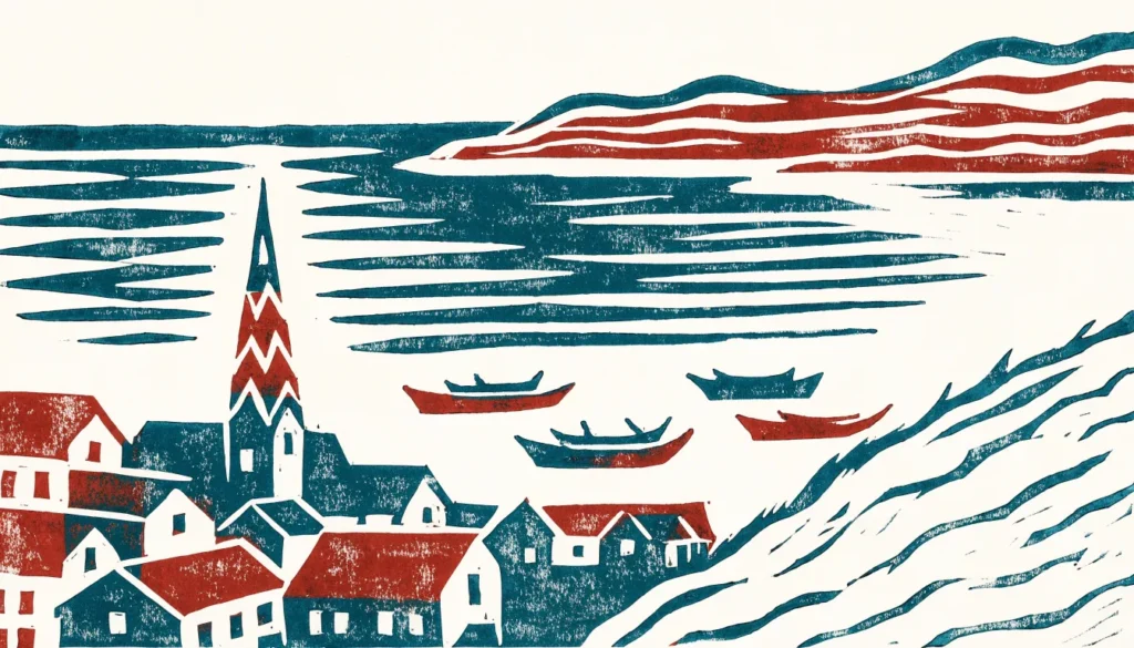 Illustrasjon av en liten by med hvite trehus, båthavn og kirkespir ved et sund