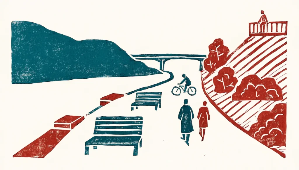 Illustrasjon av elvepromenade med benker, gangbru og folk som går og sykler